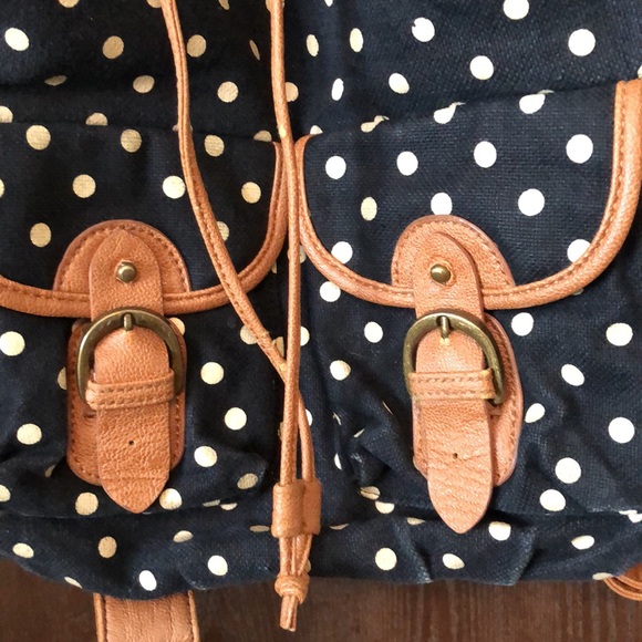 ALDO BACKPACK - BLACK & WHITE POLKA DOT WITH BROWN PLEATHER STAPS & TRIM - #216 - Picture 3 of 12